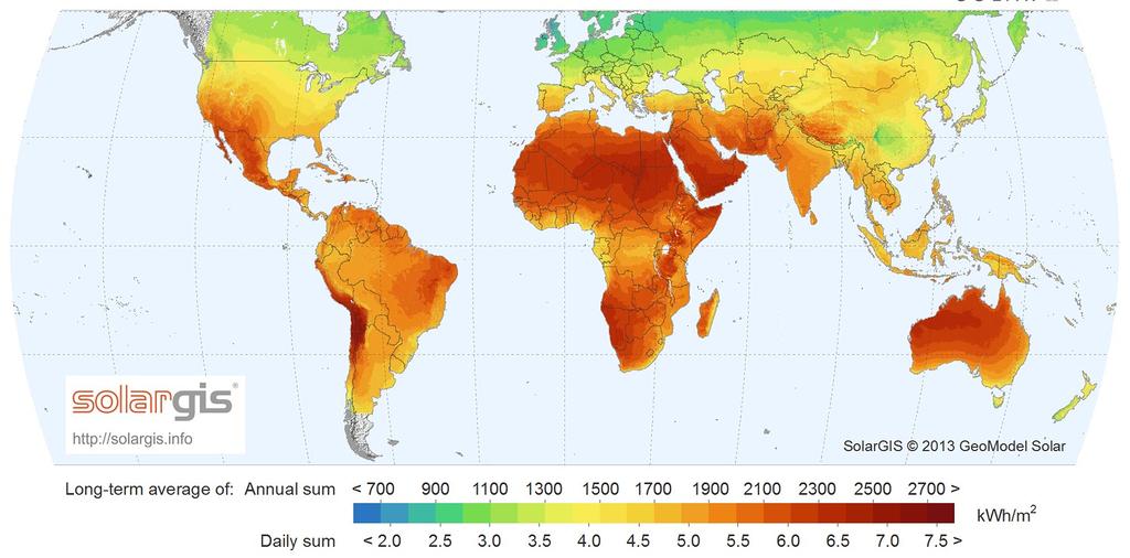 Solar Irradiation Data A world map of long-term average global horizontal irradiation is shown below.