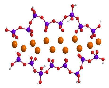Figure 2.9 C-S-H layer (lamella) [28]. Orange Atom = Calcium, Purple Atom = Silicon, Red Atom = Oxygen and White Atom = Hydrogen.