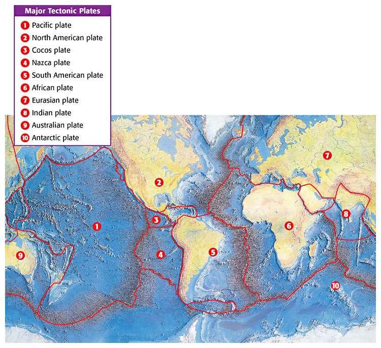 Lithosphere divided into 10 major tectonic