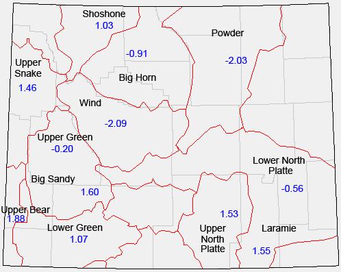The south-central mountains of the Upper North Platte basin and the western mountains of the Upper Snake, Upper Bear, Big Sandy and Lower Green River basins continue to have above average snowpack