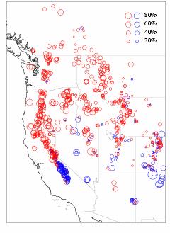 Trends (1950-97) in April 1 snow-water content at western snow courses Big question: Is