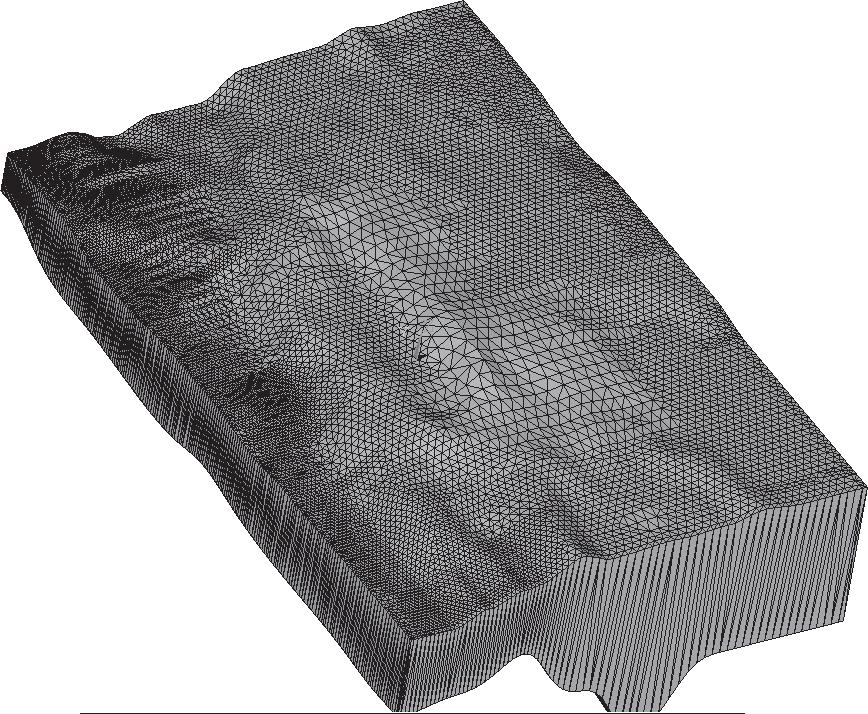 Figure 4. Example of the meshed upper crustal volume shown with 10X vertical exaggeration so that topographic relief is evident.