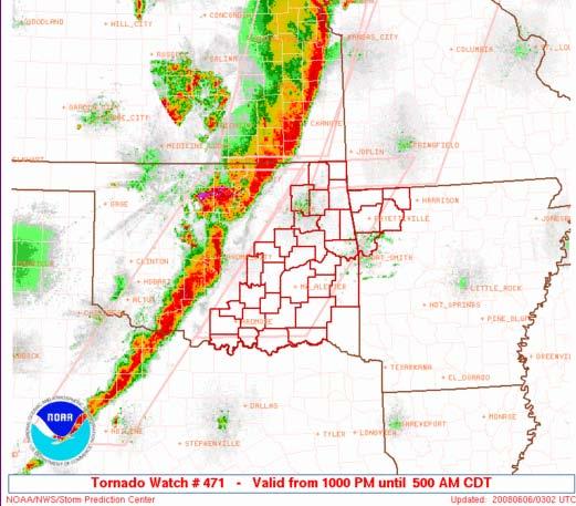 Oklahoma June 5, 2008, 11:50 AM: NWS issued a tornado watch for parts of central Kansas and Northwest Oklahoma 10:00PM: Tornado warning for Northwest Arkansas and Eastern Oklahoma 11:51PM: Line of