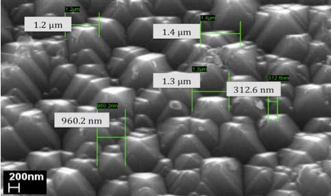 5 shows the SEM image of pyramid textures at a magnification of 1000. The pyramid size is in a range of 550-730 nm. Fig.4.