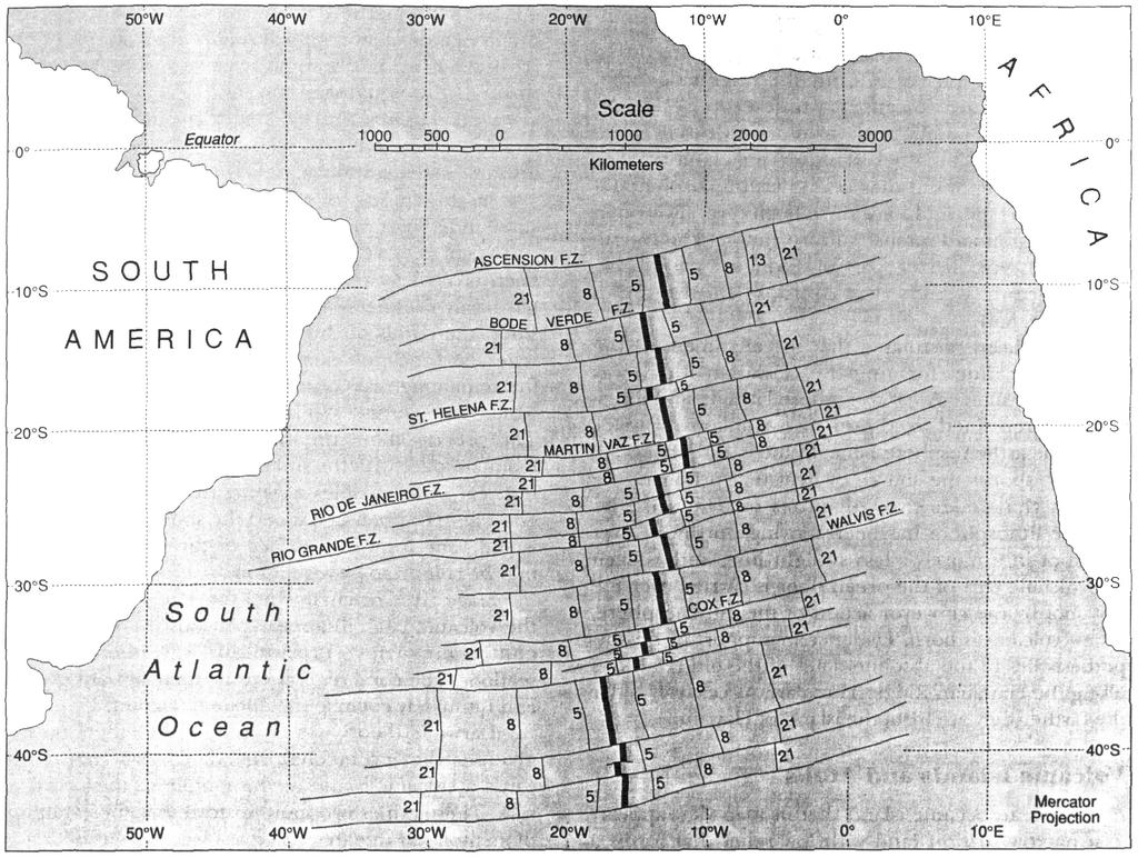 Laboratory #7: Plate Tectonics Map of the South Atlantic Ocean showing part of the Mid-Atlantic Ridge in black bars, with east-west fracture zones, and selected m agnetic anom alies.