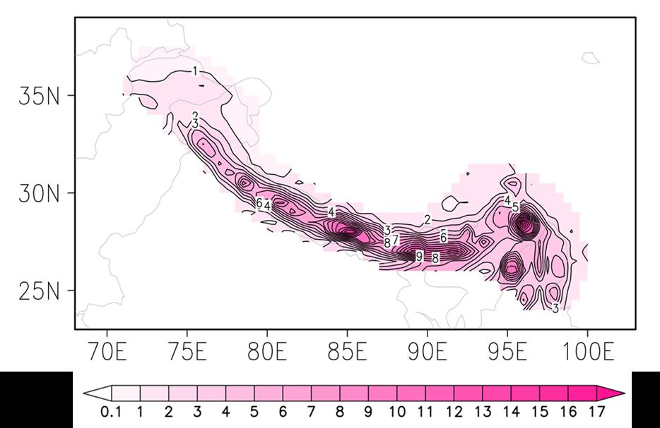 Standard deviation of precipitation (mm/day) for 1970-2005 over the study area for 11 CORDEX-South Asia