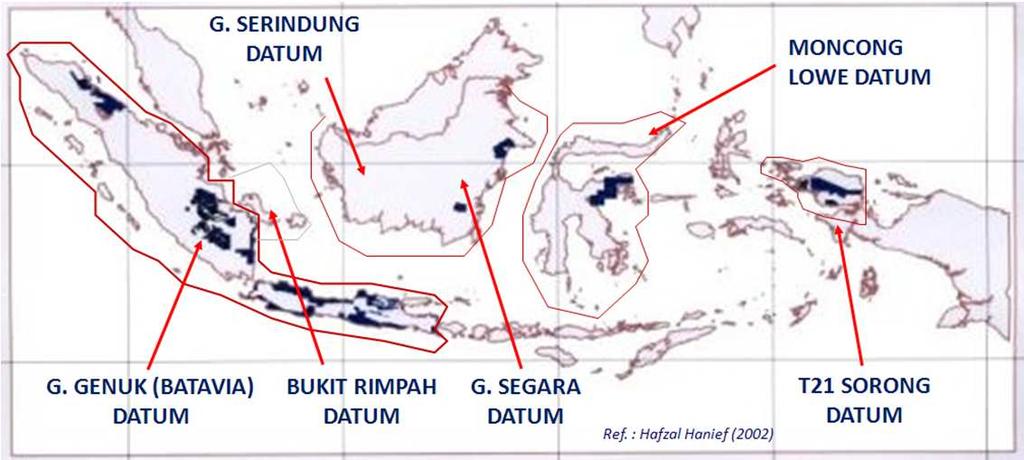 Geodetic Datums in Indonesia 1. Dutch Colonial Time: LOCAL TOPOCENTRIC DATUM (Several, Static Datum) 2. ID 1974 : NATIONAL TOPOCENTRIC DATUM (Padang Datum, Static Datum) 3.