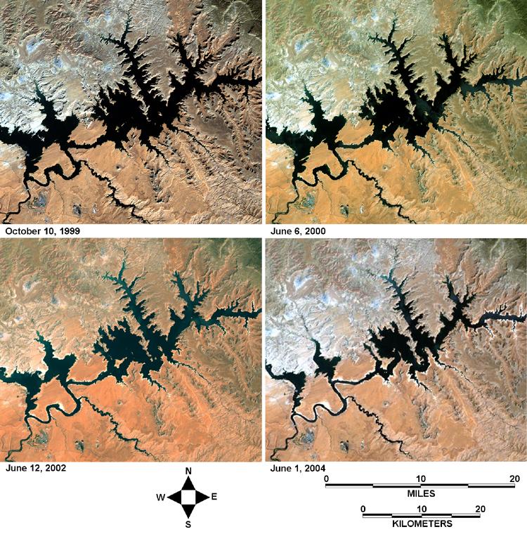 FIGURE 4: Landsat 7 images of Lake Powell at various times throughout the drought. In 1999 some small islands are located in Padre Bay, which is situated just upriver from Wahweap Bay.