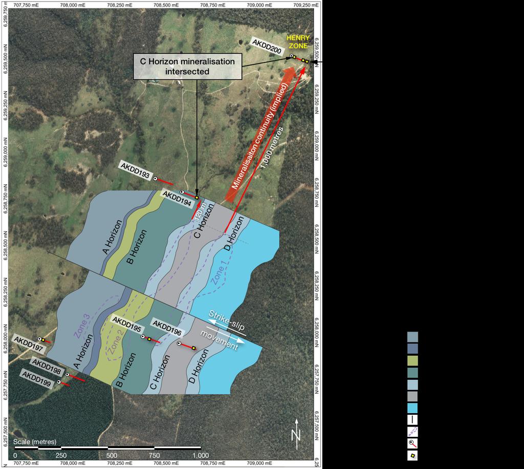 Figure 1 - Plan view illustrating the locations of the current eight hole drilling programme in relation to the known deposit, and the implied potential for continuity of mineralisation from the