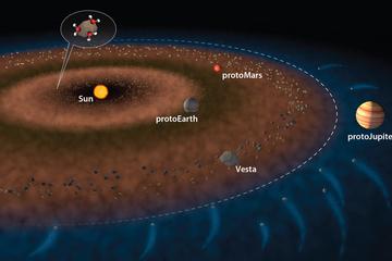 POINTS OF INTEREST: Earth's Water Existed 135 Million Years Earlier than Thought An illustration of the early solar system shows proto-earth, proto-mars, Vesta within the asteroid belt, and