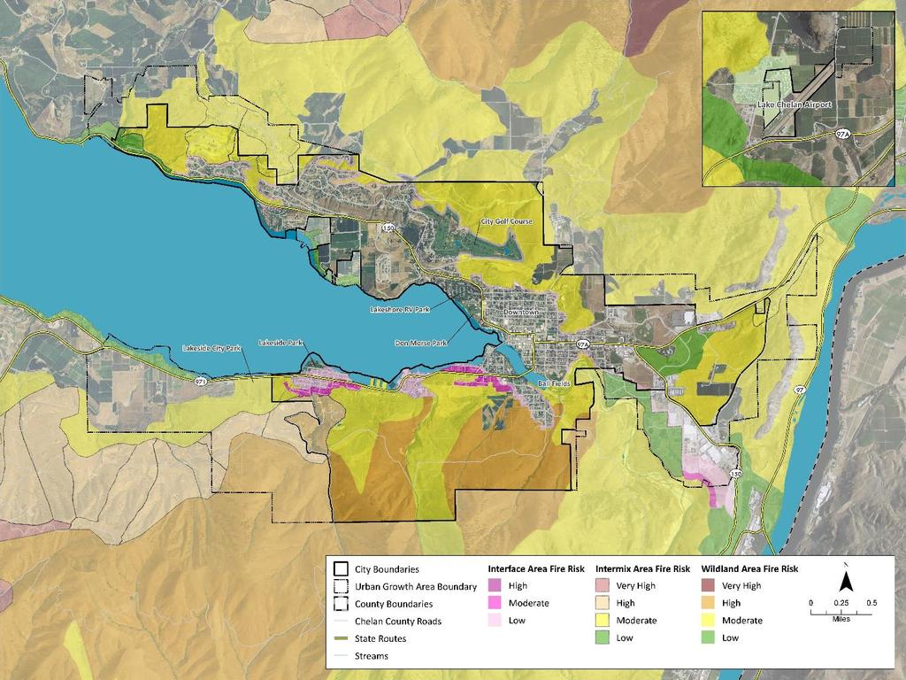 Exhibit 6. Wildfire Risk in Chelan Source: Anchorpoint, National Hazard and Risk Model (No-HARM), 2016; BERK 2017 The Butte is largely undeveloped and abuts public lands to the south.