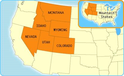 MOUNTAIN STATES The Mountain states cover a large region. These states include Colorado, Idaho, Montana, Nevada, Utah and Wyoming. Mountains bring challenges to the people living there.