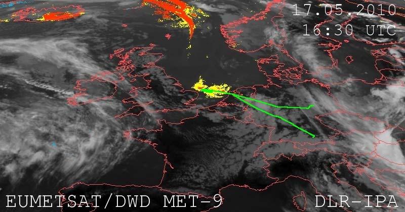May 17, 2010, case: Fairly dense plume over North Sea clearly seen in MSG ash retrievals, 60 min