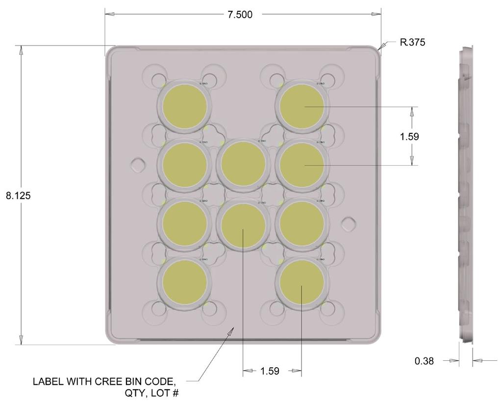 Each carton contains 50 LEDs from the same performance bin. Dimensions are in inches. Tolerances:.x +.1.xx +.05.