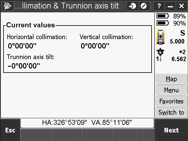 7. From the Instrument menu, select Adjust then select Collimation & Trunnion axis tilt then select Next. The current Horizontal, Vertical, and Trunnion values will be displayed.