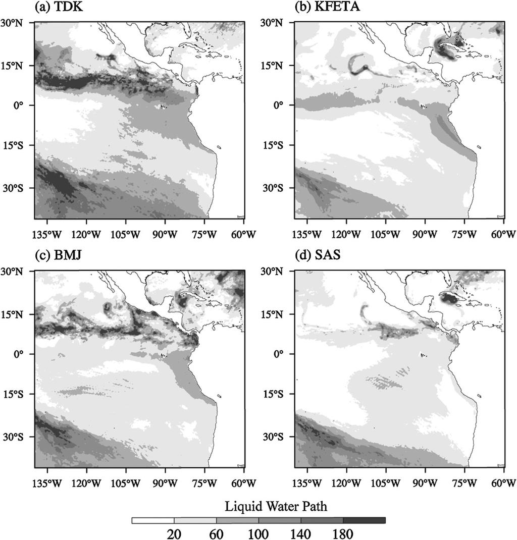 NOVEMBER 2011 Z H A N G E T A L. 3499 FIG. 7. The model-simulated monthly mean (October 2006) liquid water path (g m 22 ) from different CP schemes: (a) TDK, (b) KFETA, (c) BMJ, and (d) SAS.