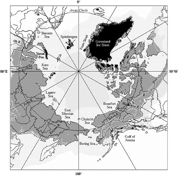 Figure 1: The Arctic region. Dark shading marks permanent glaciers, and gray shading marks permanent permafrost (Figure 16-1 in IPCC TAR: Impacts, adaptation and vulnerability). 2.