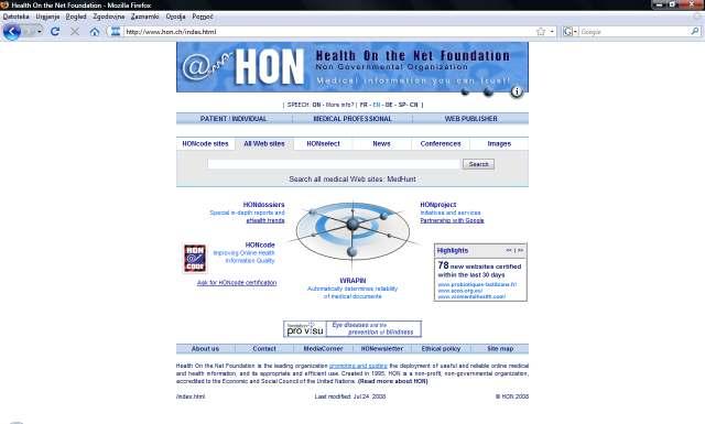 Slika 6: Spletna stran o zdravju: HON, Vir: Dostopno