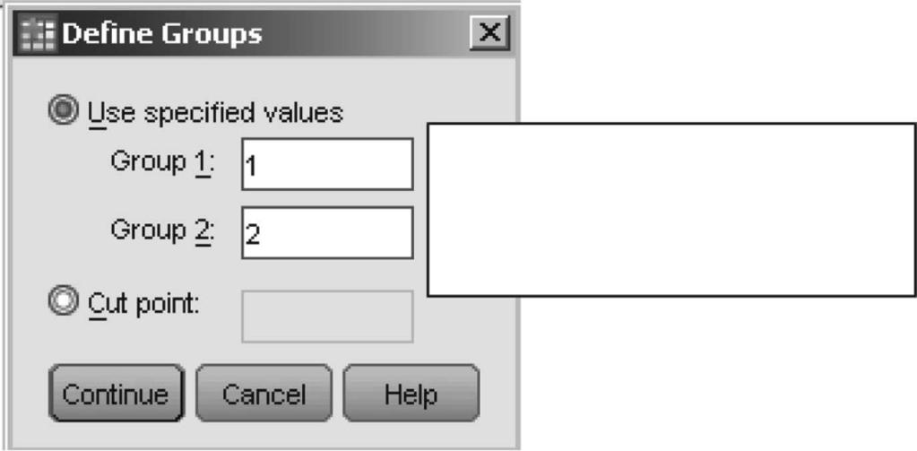 18 An Introduction to Statistical Concepts Step 3: From the Define Groups dialog box, enter the numeric value designated for each of the two categories or groups of your independent variable.