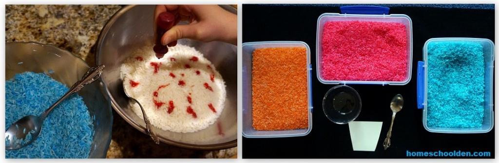 We took a bag of dried rice and colored it with food dye.