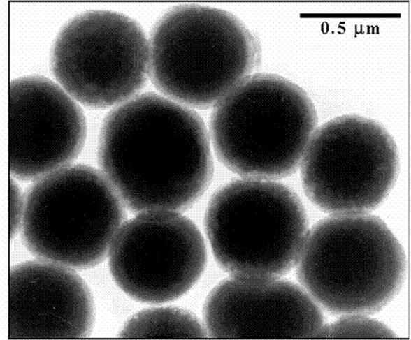 Fig. 9.7: TEM of polypyrrole coated SiO 2 core-shell nanoparticles. Reproduced from ( C. L. Huang, E. Matijevic, J. Mater. Res.