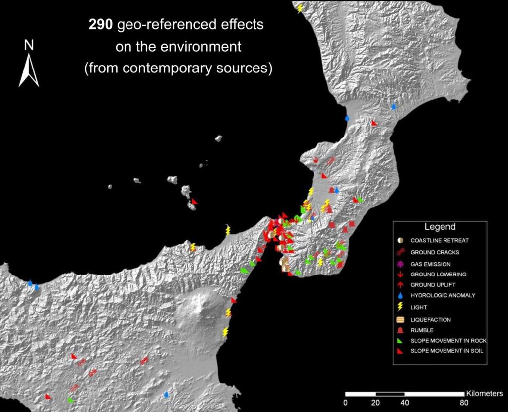 Figure 3 - Location of the environmental effects of the 1908 earthquake in the Straits area according to the collected documents CLASSIFICATION OF THE DESCRIBED EFFECTS Tsunami waves: 204