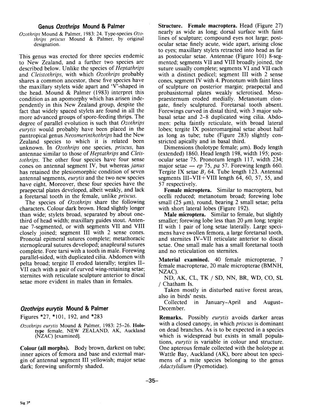 Genus Ozothrips Mound & Palmer Ozothrips Mound & Palmer, 1983: 24. Type-species Ozothrips priscus Mound & Palmer, by original designation.