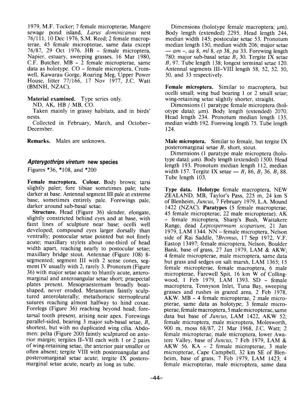 1979, M.F. Tocker; 7 female micropterae, Mangere sewage pond island, Larus dominicanus nest 76/111, 10 Dec 1976, S.M. Reed; 2 female macropterae, 45 female micropterae, same data except 76/87, 29 Oct 1976.