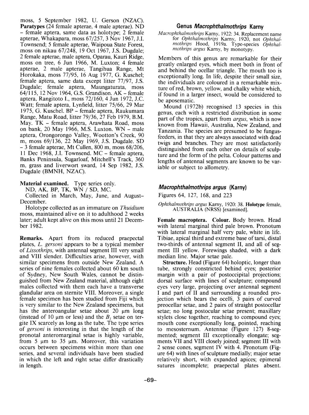 moss, 5 September 1982, U. Gerson (NZAC). Paratypes (24 female apterae, 4 male apterae). ND - female aptera, same data as holotype; 2 female apterae, Whakapara, moss 67/257, 3 Nov 1967, J.I.