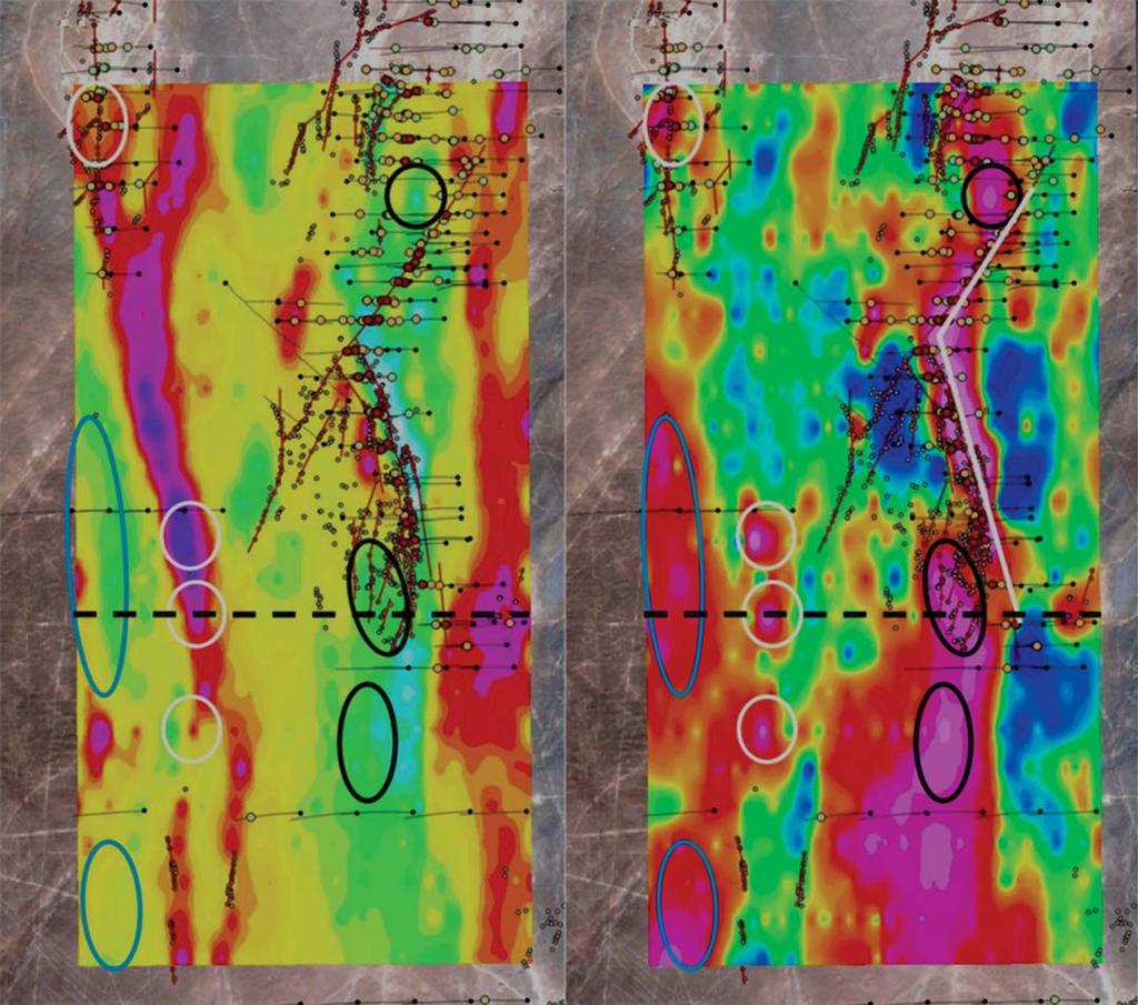 NOTE: Gradient Maps (left: resistivity, right: chargeability) with interpreted veins (red lines), mapped floats (white dots), and drill holes with values of gold equivalents (green > 0.