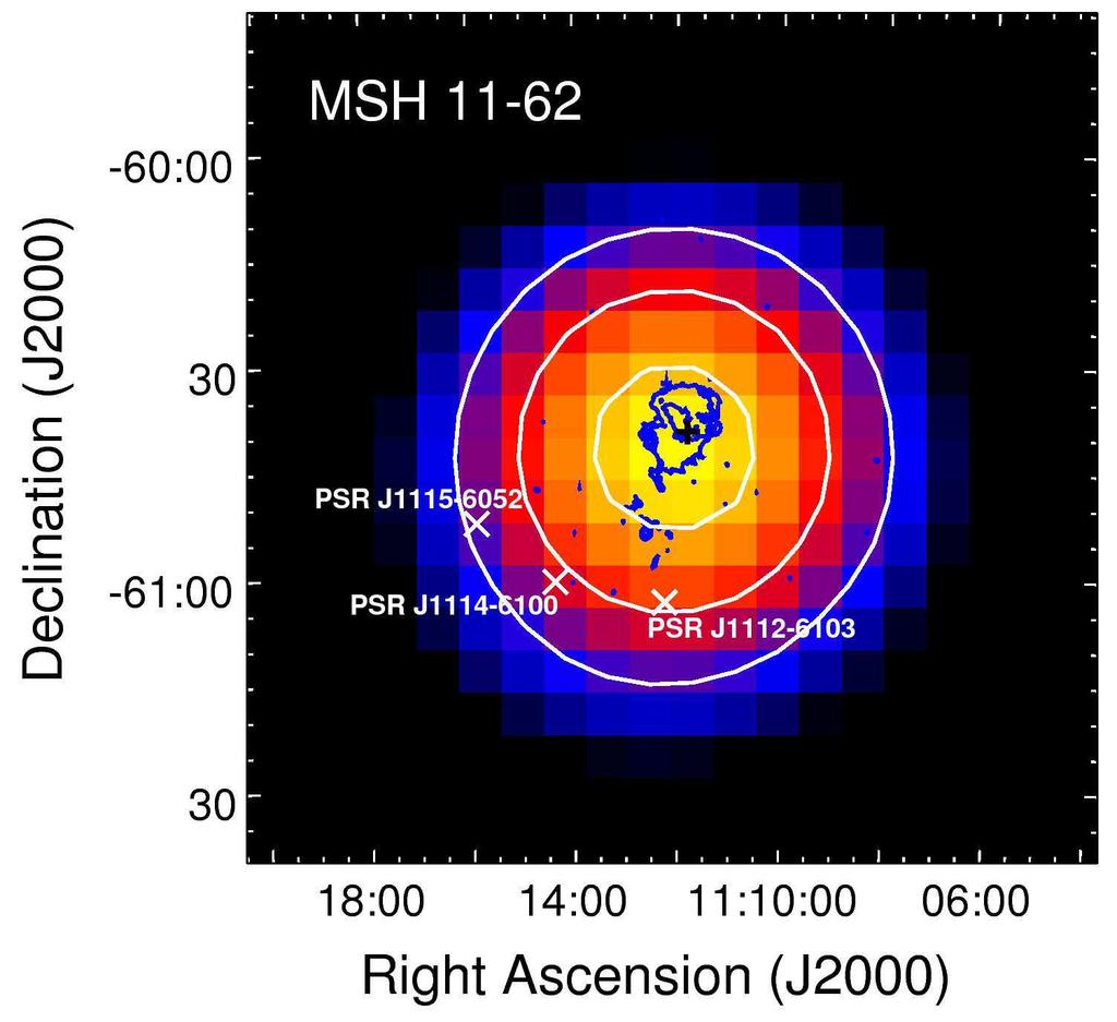 6 Slane et al. Fig. 7. TS map of Fermi LAT emission from MSH 11 62. Blue contours correspond to the radio emission, and white contours represent the 13, 15, and 17 σ significance levels of the flux.