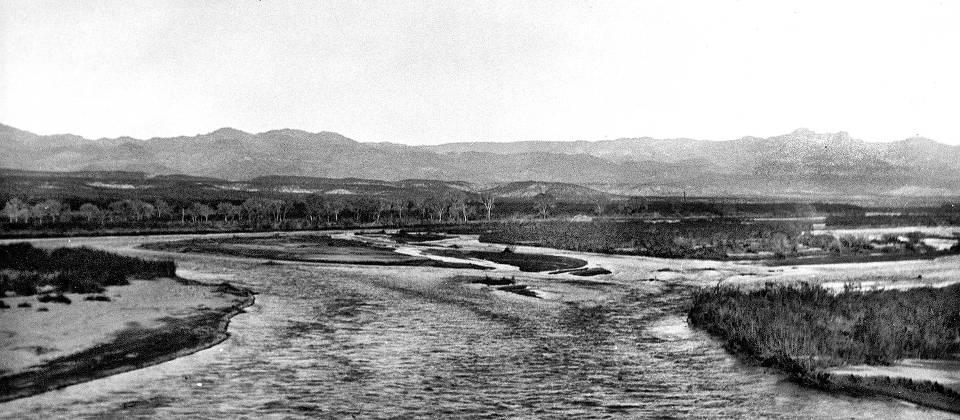 GILA RIVER AT CALVA (1935). The channel is wide from repeated floods in the 1930s.