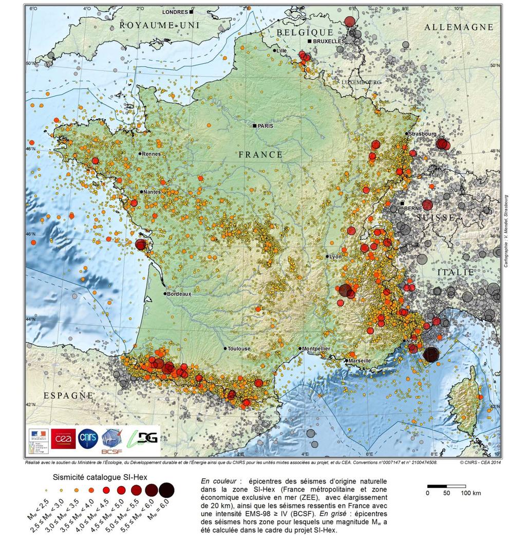France is in an intraplate setting. The overall sesimicity is mainly moderate in magnitude, with diffuse distribution and crustal depth.