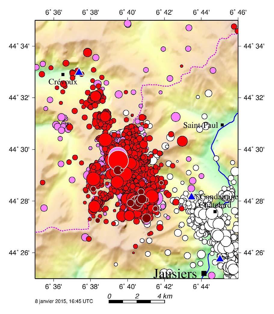 Mainshock 2014 + seismic swarm? On the 7 april 2014, a new moderate event of Mw 4.8 occurred (big red circle), exactely at the same place than the 2012 event and 2 km deeper.