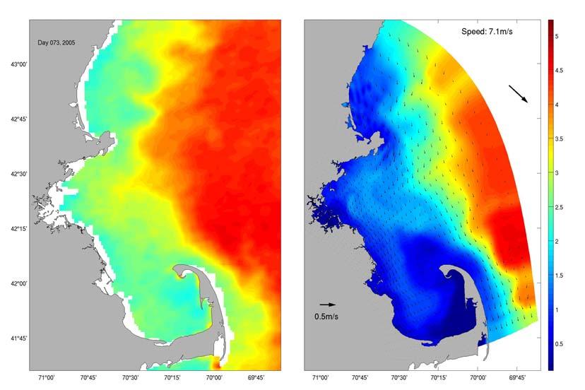 Figure 3.13. Sea surface temperature and currents on March 14, 2005. Left: SST from MODIS.