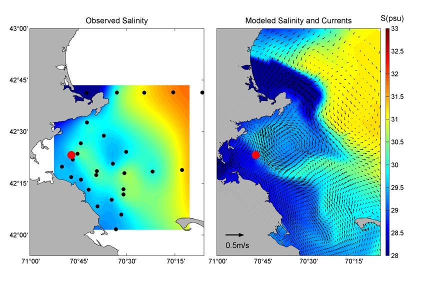 Figure 3.15 Surface salinity and currents in May 10-11, 2005. Left: survey data (black dots indicate survey stations).