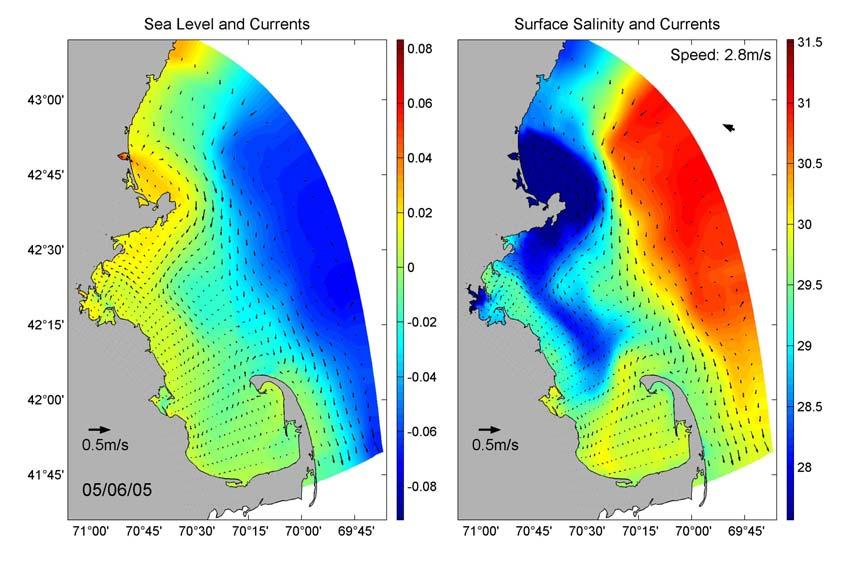 Figure 3.18 Sea surface elevation, salinity and currents on May 6, 2005. Left: sea surface elevation (color) and currents (arrows). Right: surface salinity (color) and currents (arrows).