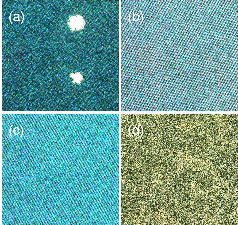Figure 4.4 Room temperature POM textures of VIS-PSBP cured at (a) 29 C, (b) 32 C, (c) 35 C, and (d) 38 C. In Fig. 4.4(a), the temperature during polymerization process was set at 29 C, located in the super-cooling range of the blue phase state.