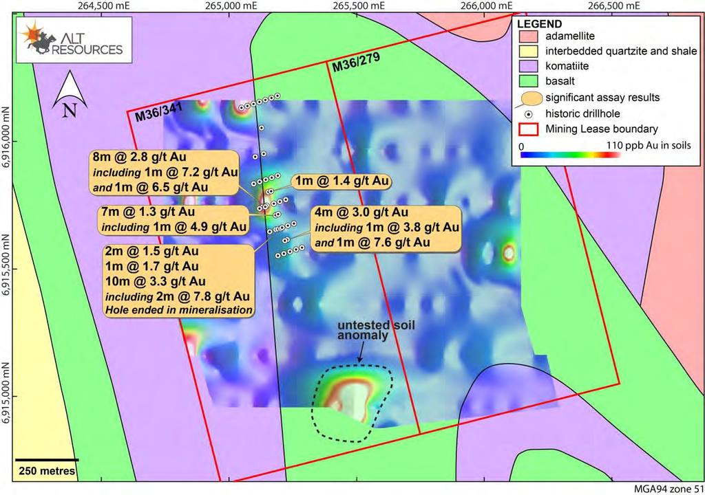 Figure 2. Geology of the Mt Roberts-Cottee Project area, showing significant results in historical drilling and the location of gold anomalism in historical soil samples.