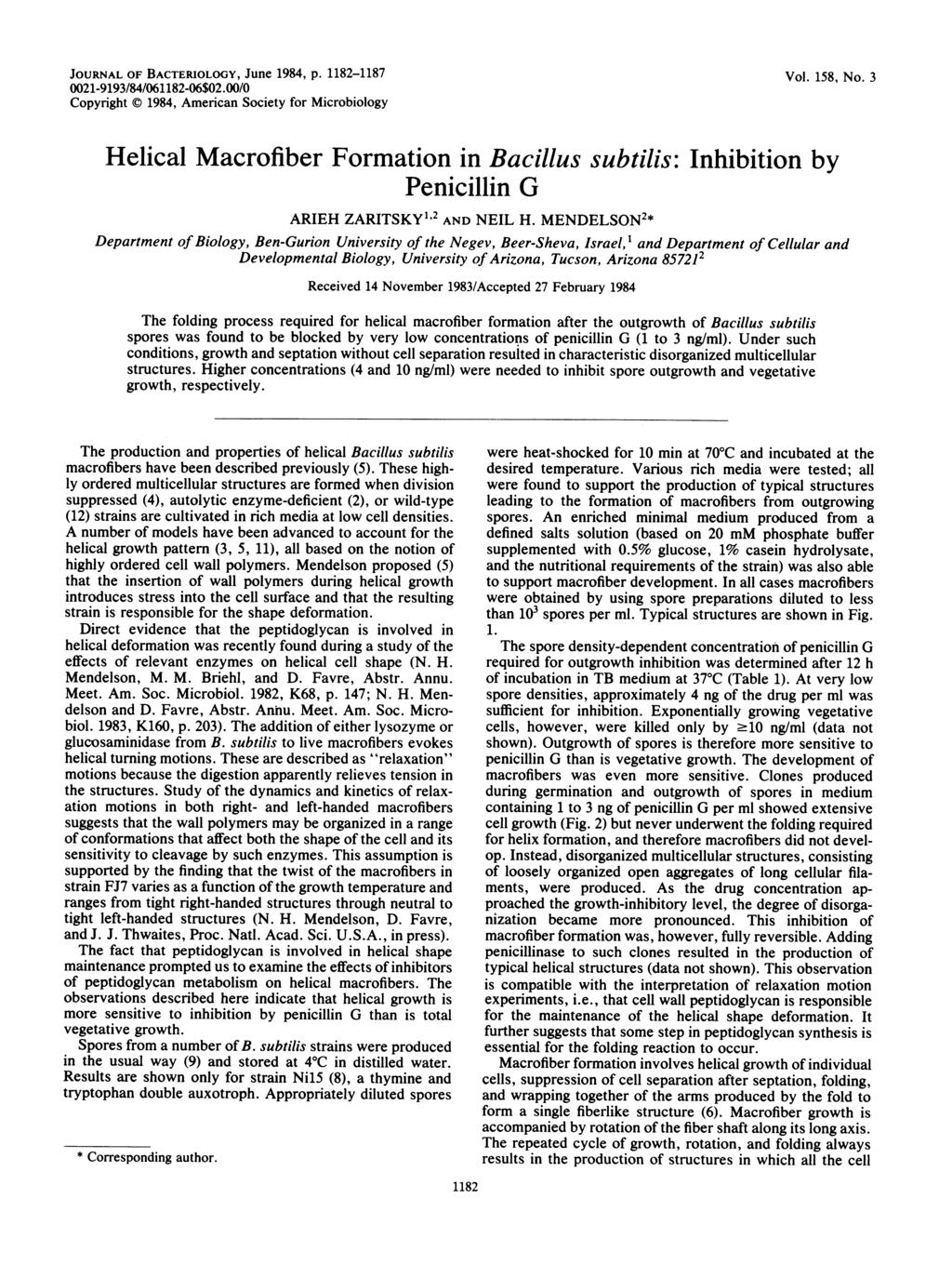 JOURNAL OF BACTERIOLOGY, June 1984, p. 1182-1187 0021-9193/84/061182-06$02.00/0 Copyright C 1984, American Society for Microbiology Vol. 158, No.