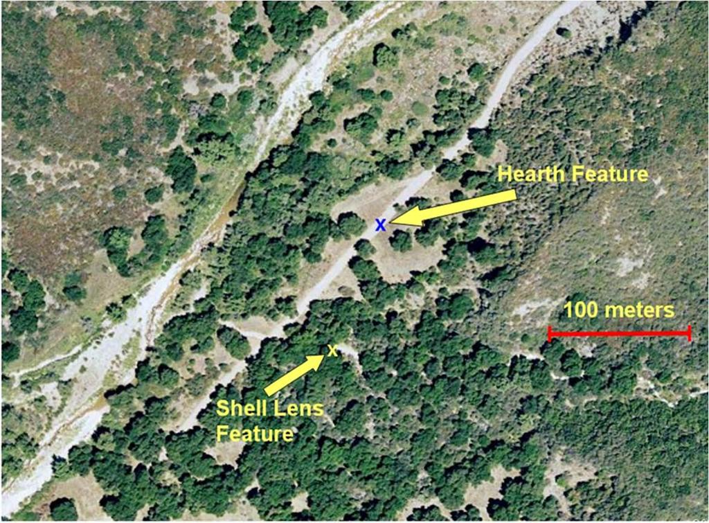 Figure 4. Shell Lens and Hearth locations on lower terrace adjacent to Agua Caliente Creek.