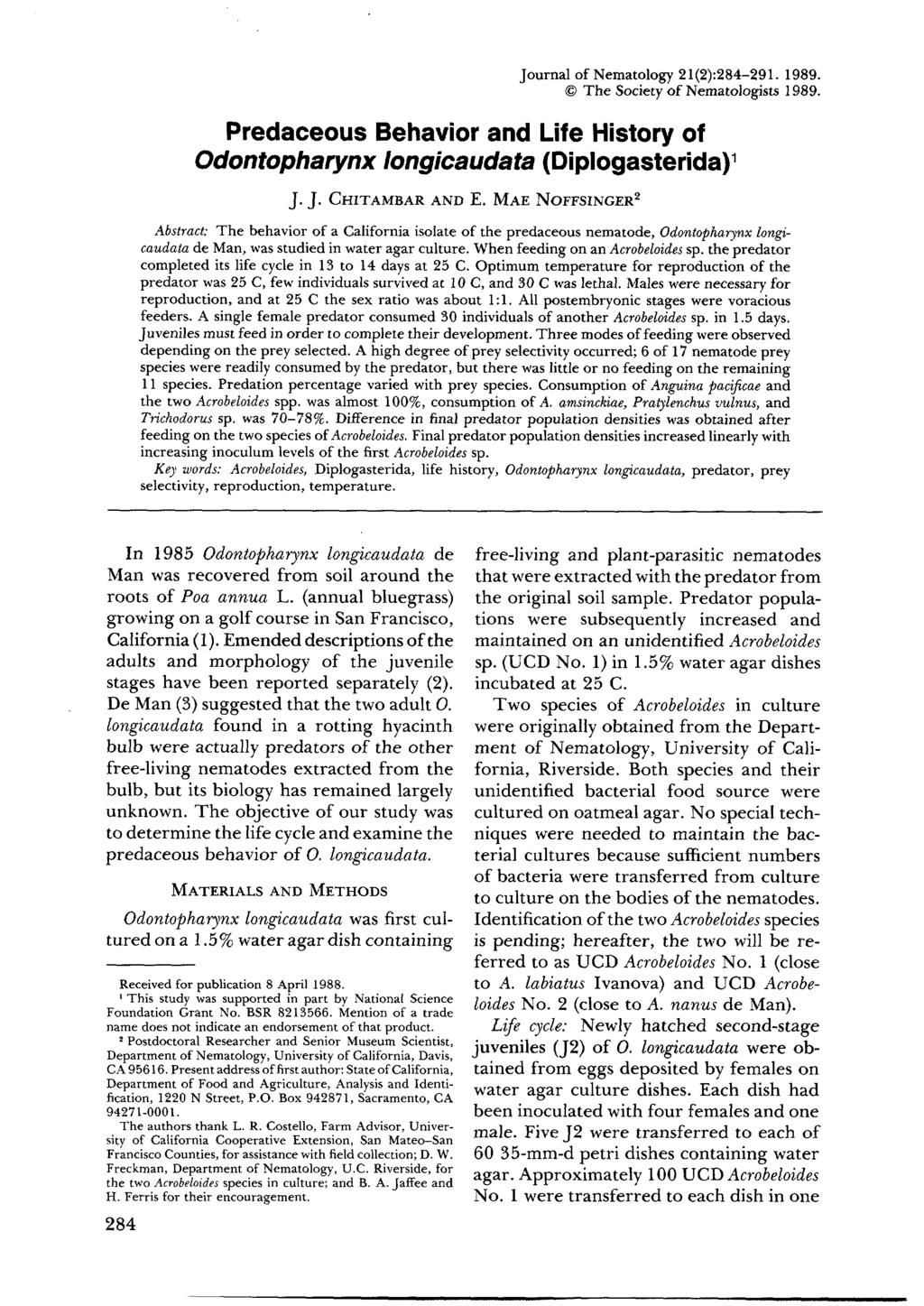 Journal of Nematology 21(2):284-291. 1989. The Society of Nematologists 1989. Predaceous Behavior and Life History of Odontopharynx Iongicaudata (Diplogasterida) 1 J. J. CHITAMBAR AND E.