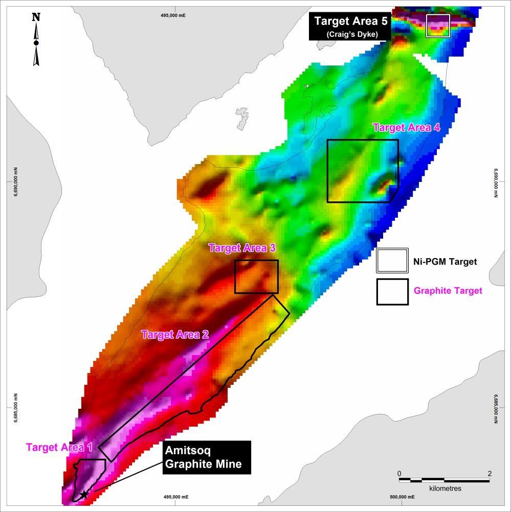 EM-Mag Survey Five principal target areas identified for 2017 ground campaign Two shallow, moderate intensity EM anomalies associated with a large ultramafic dyke (Amitsoq Dyke) known to contain