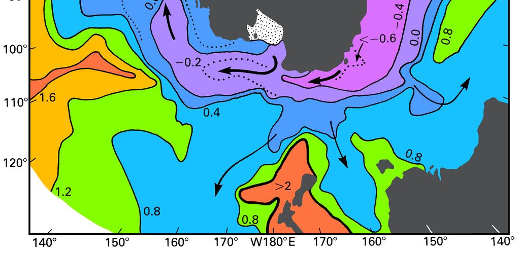 The further path of Antarctic Bottom Water can be followed by looking at the potential bottom temperature map (Figure 6.