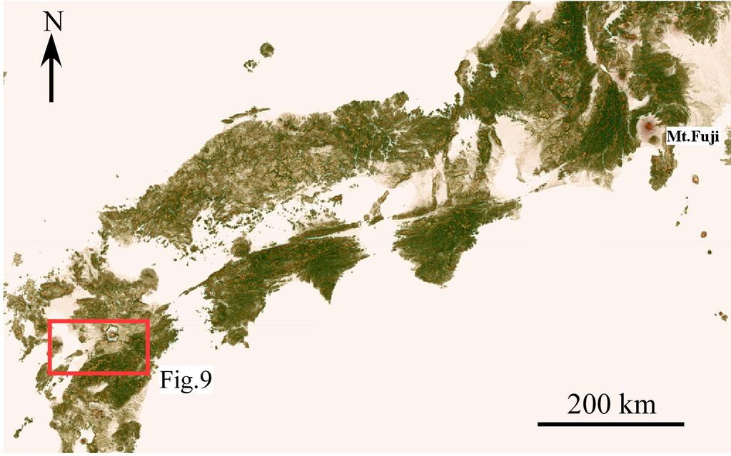 Figure 8. Topography of South Western Japan, made from GTOPO30. Figure 9. Topographic features of the region involves the 2016 Kumamoto earthquake.