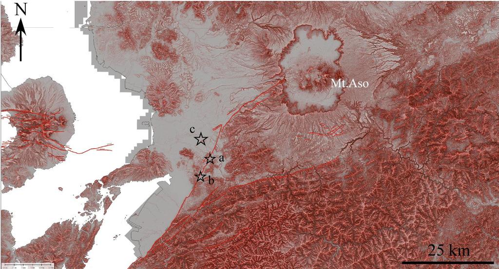Red lines indicate urban active faults (AIST, 2012). topographical features in regions which densely covered by forest, we created RRIM using a data set of 5 m and 10 m DEM from GSI, Japan.