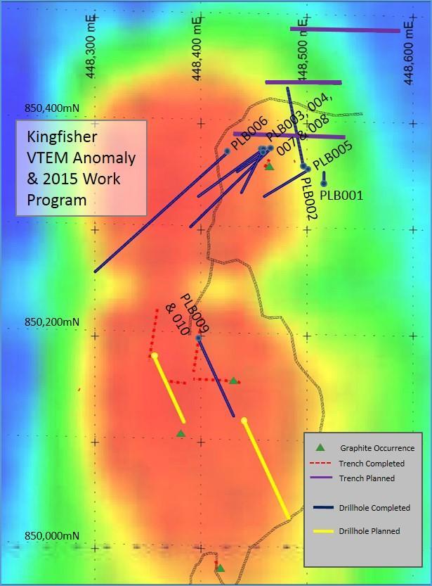 Figure 5 - Colour Plan Image of Kingfisher VTEM electromagnetic anomaly, with planned diamond drill