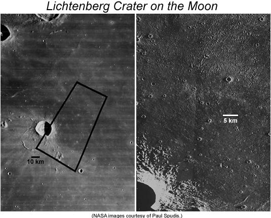 3 of 9 Ejecta from the young crater Licthenberg is embayed by younger, darker lava flows. The flows must be somewhat younger than the crater, which is about 1 billion years old.