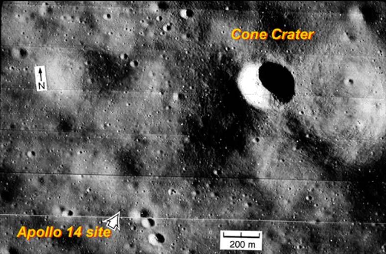 5 of 9 These are NASA orbital photographs of the lunar surface showing on the top: Cone Crater near the Apollo 14 landing site (white arrow), and on the bottom: North Ray