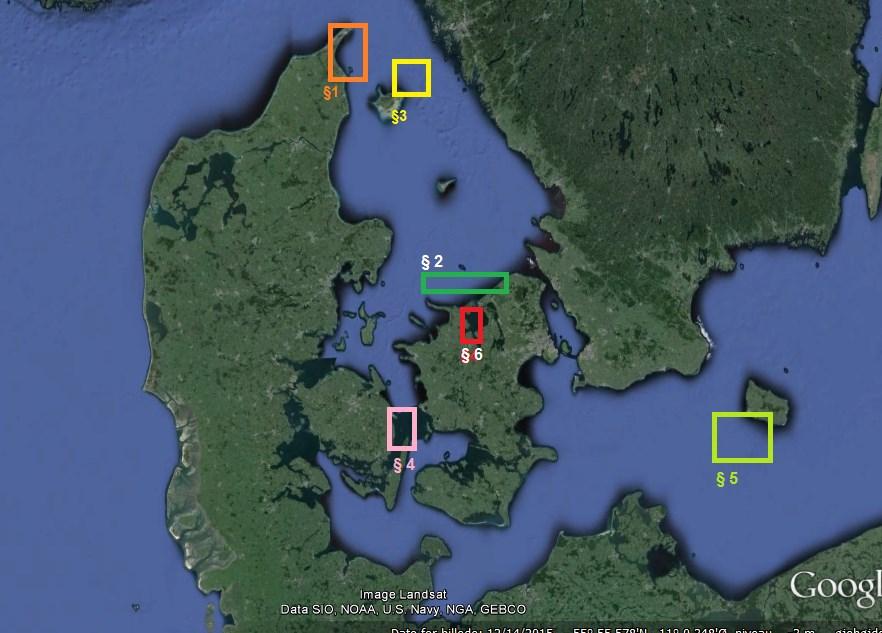Figure 2. 2016 survey areas in Denmark. Result: 21.035 Km surveyed line. In accordance with the Declaration a coordinated survey plan has been made for re surveying the Baltic Sea area.